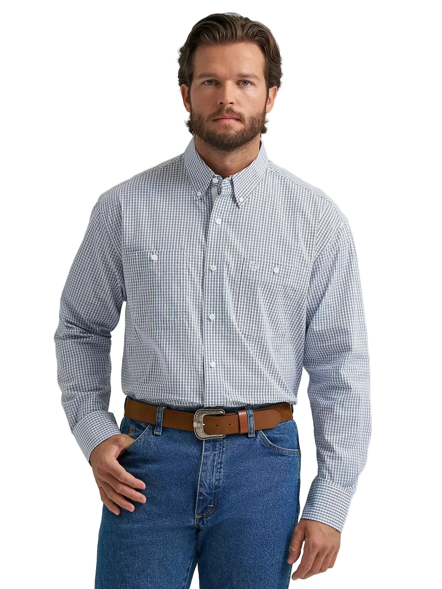 Wrangler Men's Baby Blue Check George Strait Button Down Western Shirt 112374605