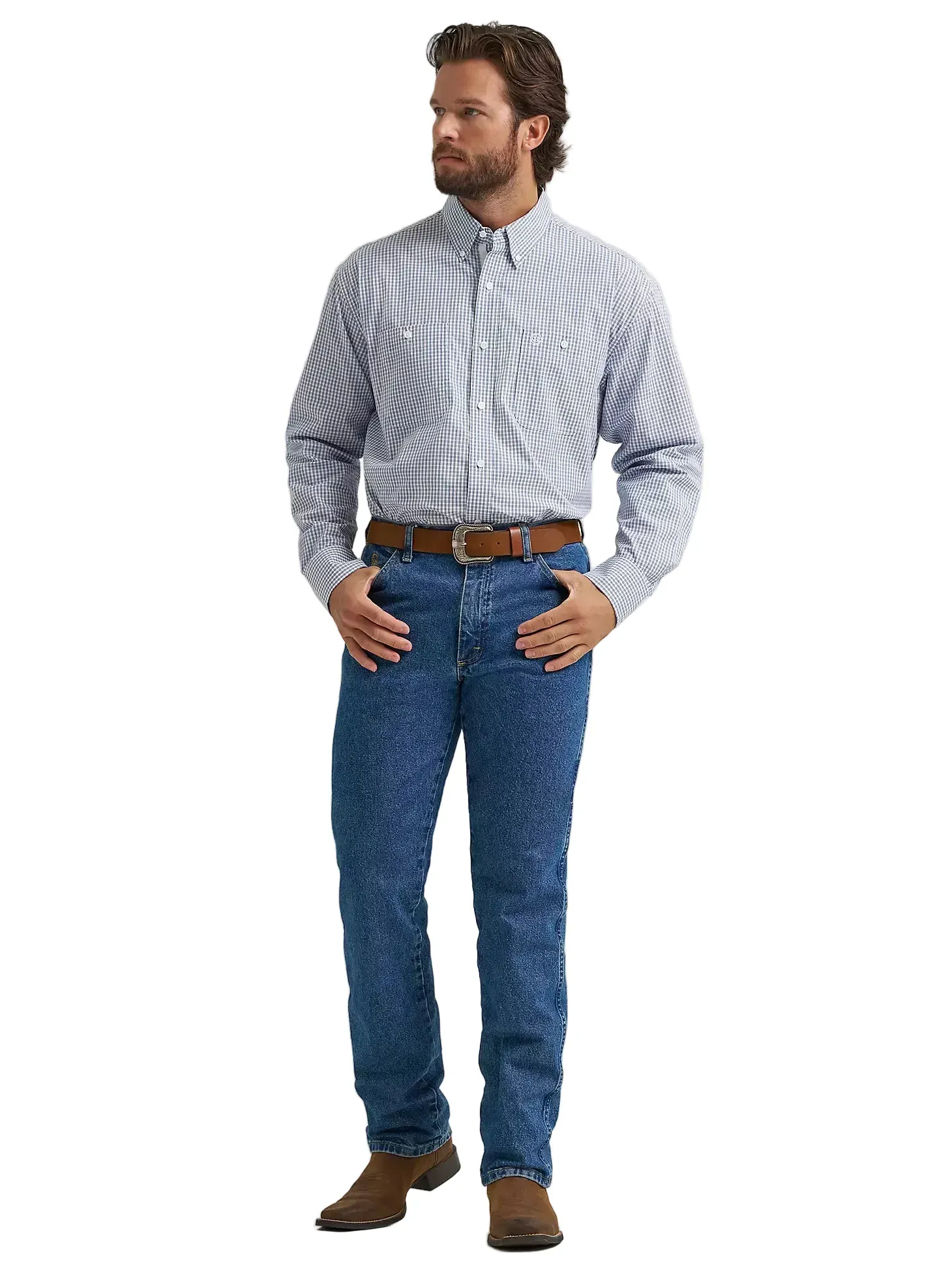 Wrangler Men's Baby Blue Check George Strait Button Down Western Shirt 112374605 - Image 2