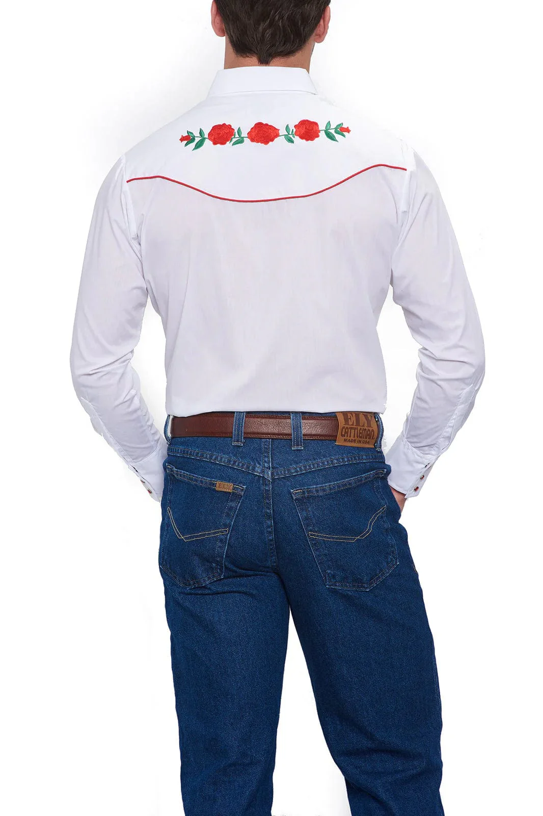 Ely Cattleman Men's White Embroidered Rose Long Sleeve Western Snap Shirt 15203901-06 - Image 2