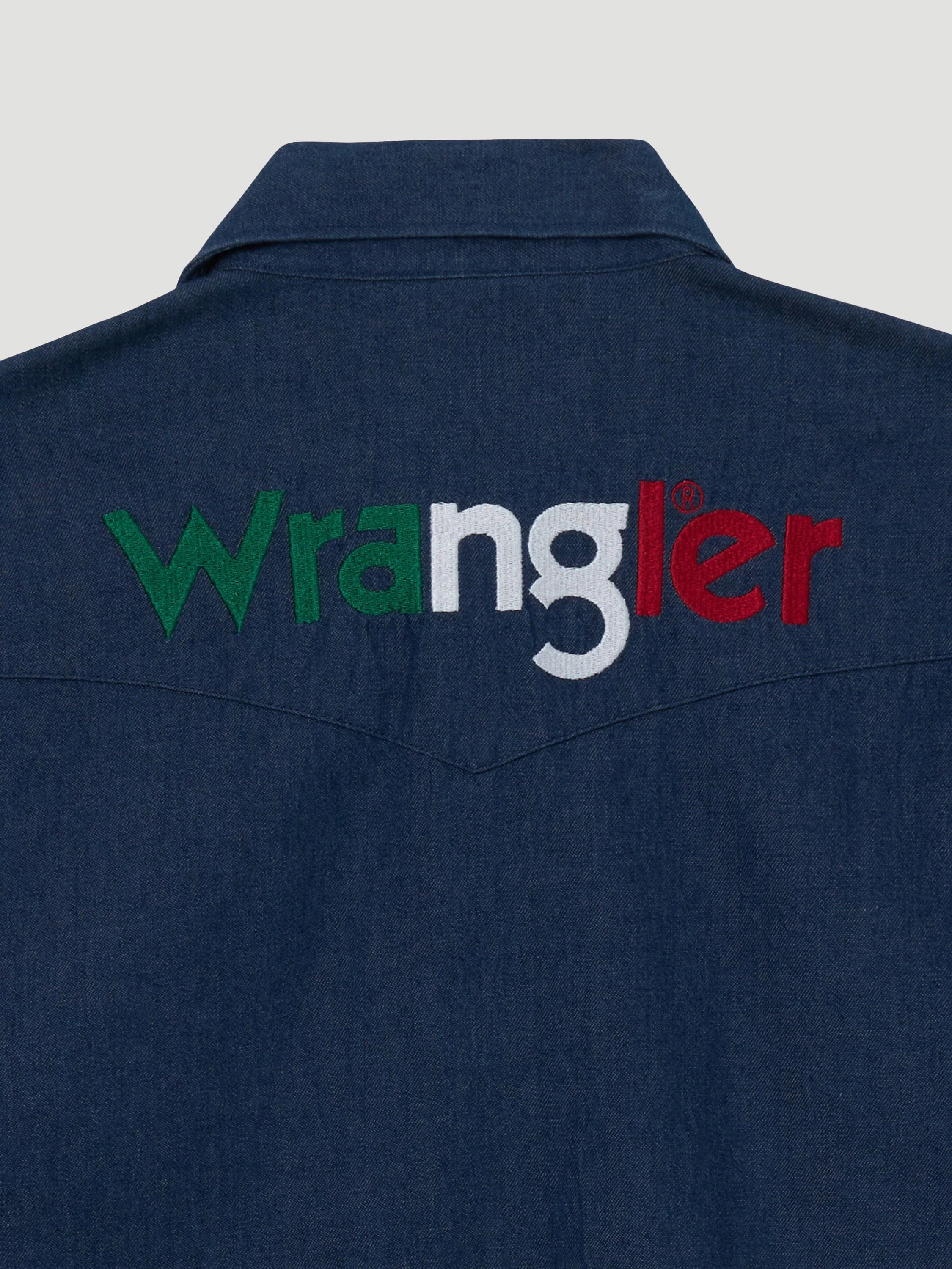 Wrangler Men's Logo Mexico Indigo Denim Long Sleeve Western Snap Shirt 112324642 - Image 4