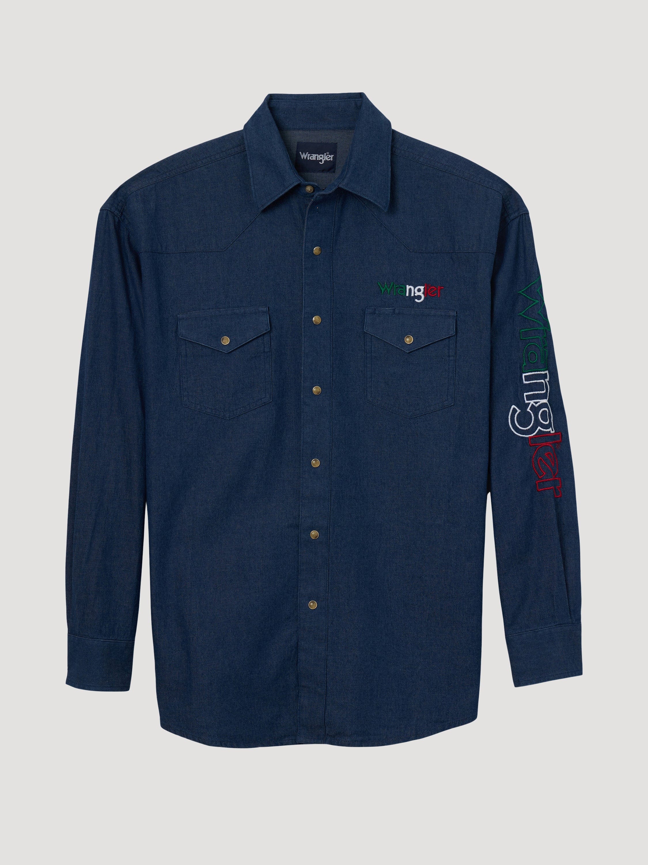 Wrangler Men's Logo Mexico Indigo Denim Long Sleeve Western Snap Shirt 112324642 - Image 6