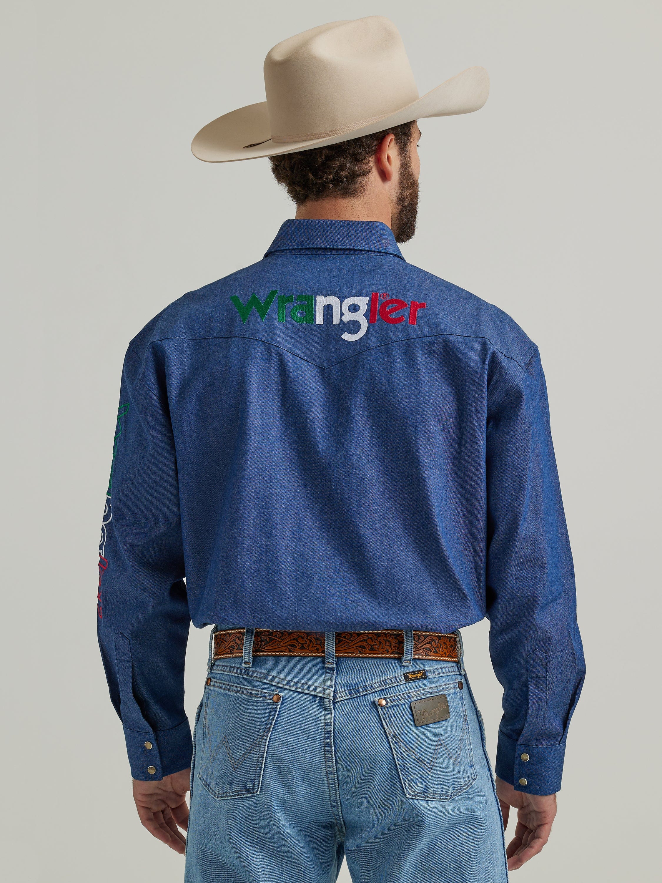 Wrangler Men's Logo Mexico Indigo Denim Long Sleeve Western Snap Shirt 112324642 - Image 8