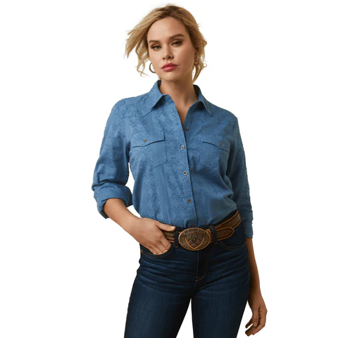 Ariat Women's Sharing Copen Blue Long Sleeve Button Down Shirt 10043657