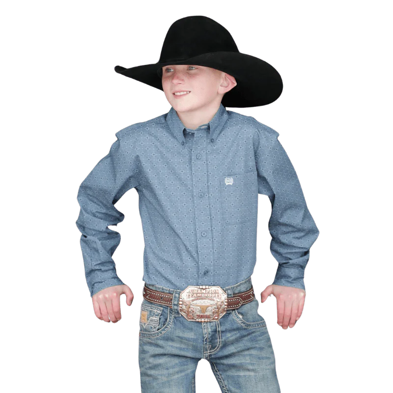 Cinch Boys Blue Geometric Print Long Sleeve Button Down Western Shirt MTW7060335