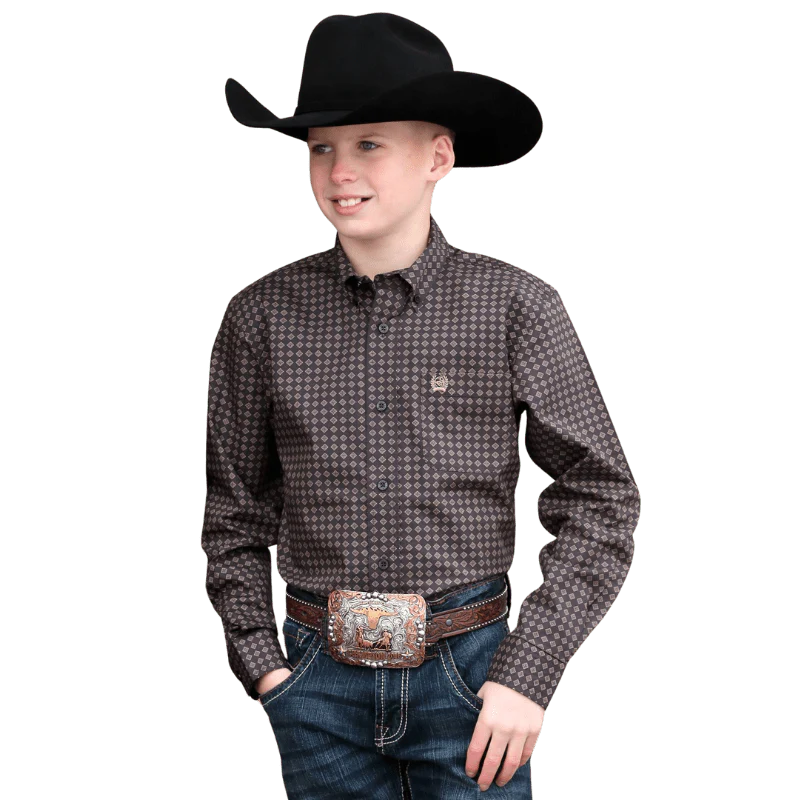Cinch Boys Brown Diamond Print Long Sleeve Button Down Western Shirt MTW7060328