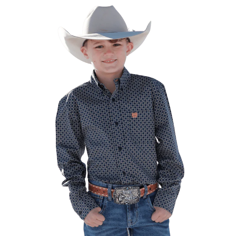 Cinch Boys Navy Geometric Print Long Sleeve Button Down Western Shirt MTW7060338