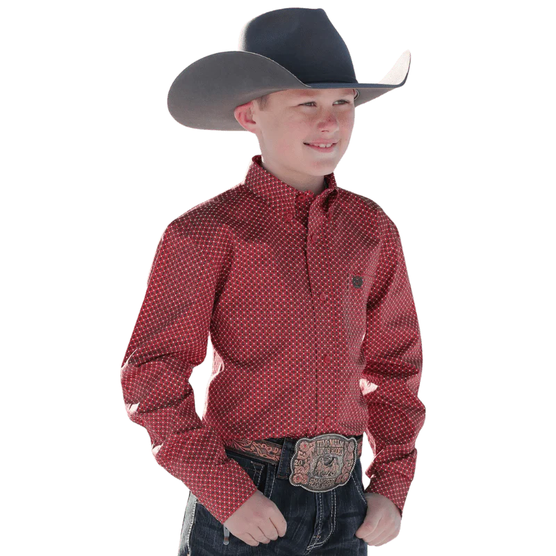 Cinch Boys Red Geometric Print Long Sleeve Button Down Western Shirt MTW7060327