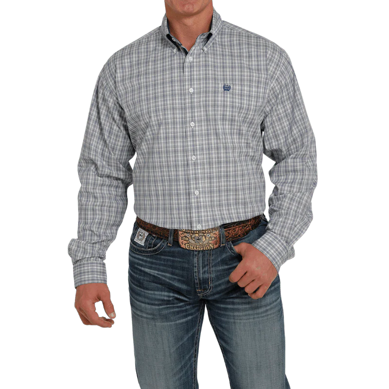 Cinch Men's Gray/Cream Plaid Classic Fit Long Sleeve Button Down Shirt MTW1105444