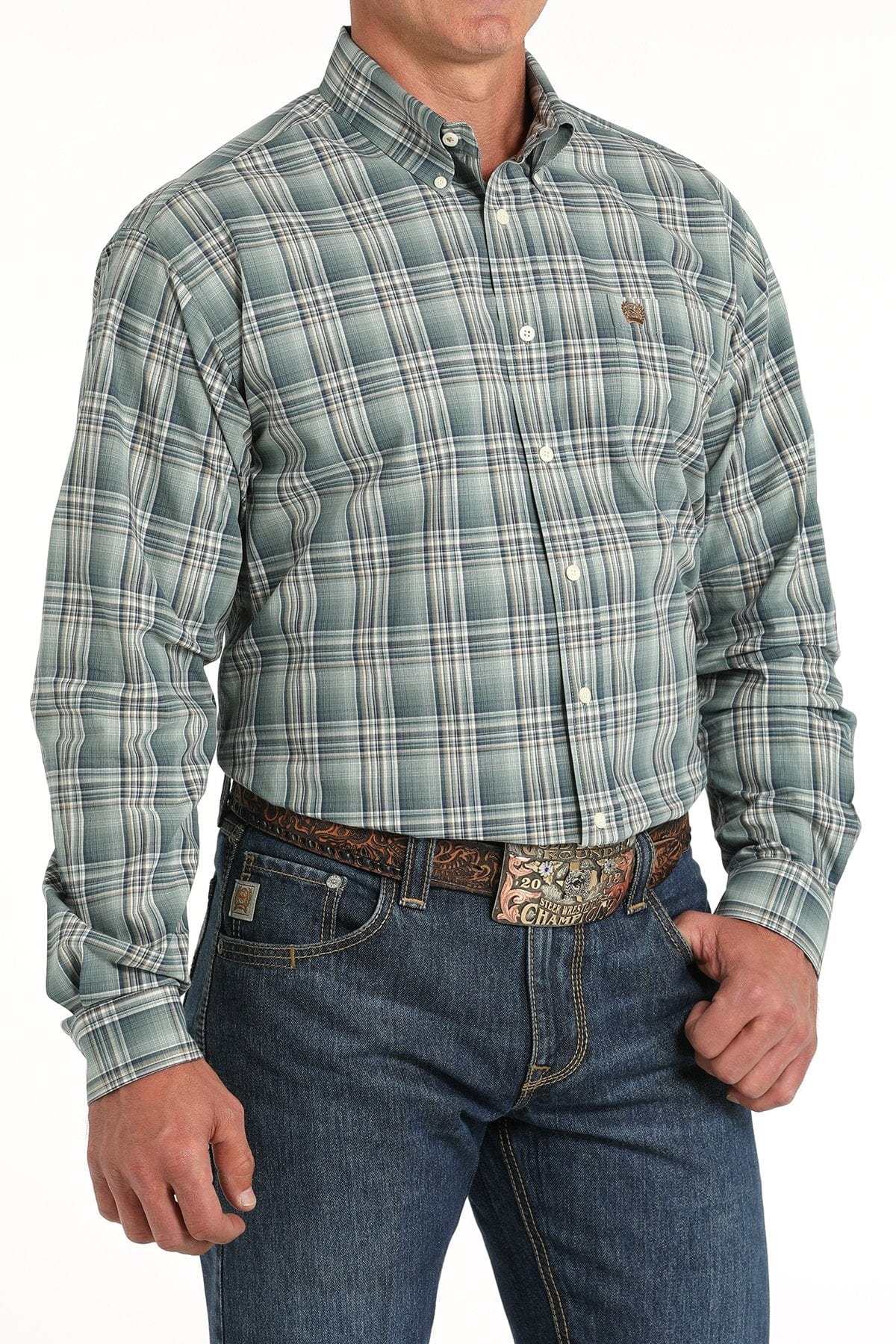 Cinch Men's Green Plaid Button Down Western Shirt MTW1105813 - Image 2
