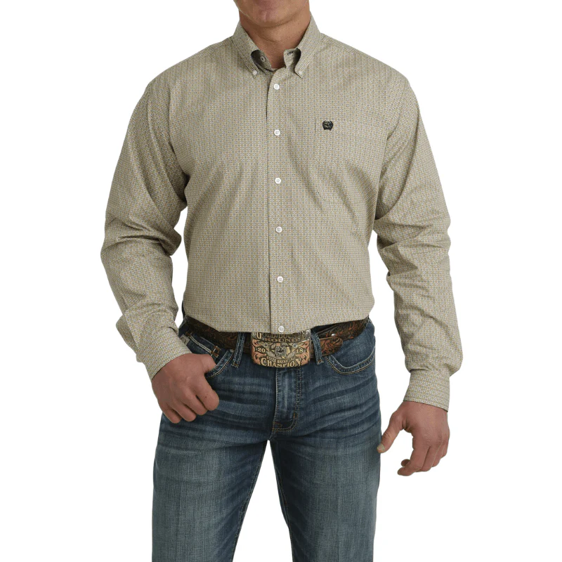 Cinch Men's Khaki Geometric Print Long Sleeve Button Down Western Shirt MTW1105719