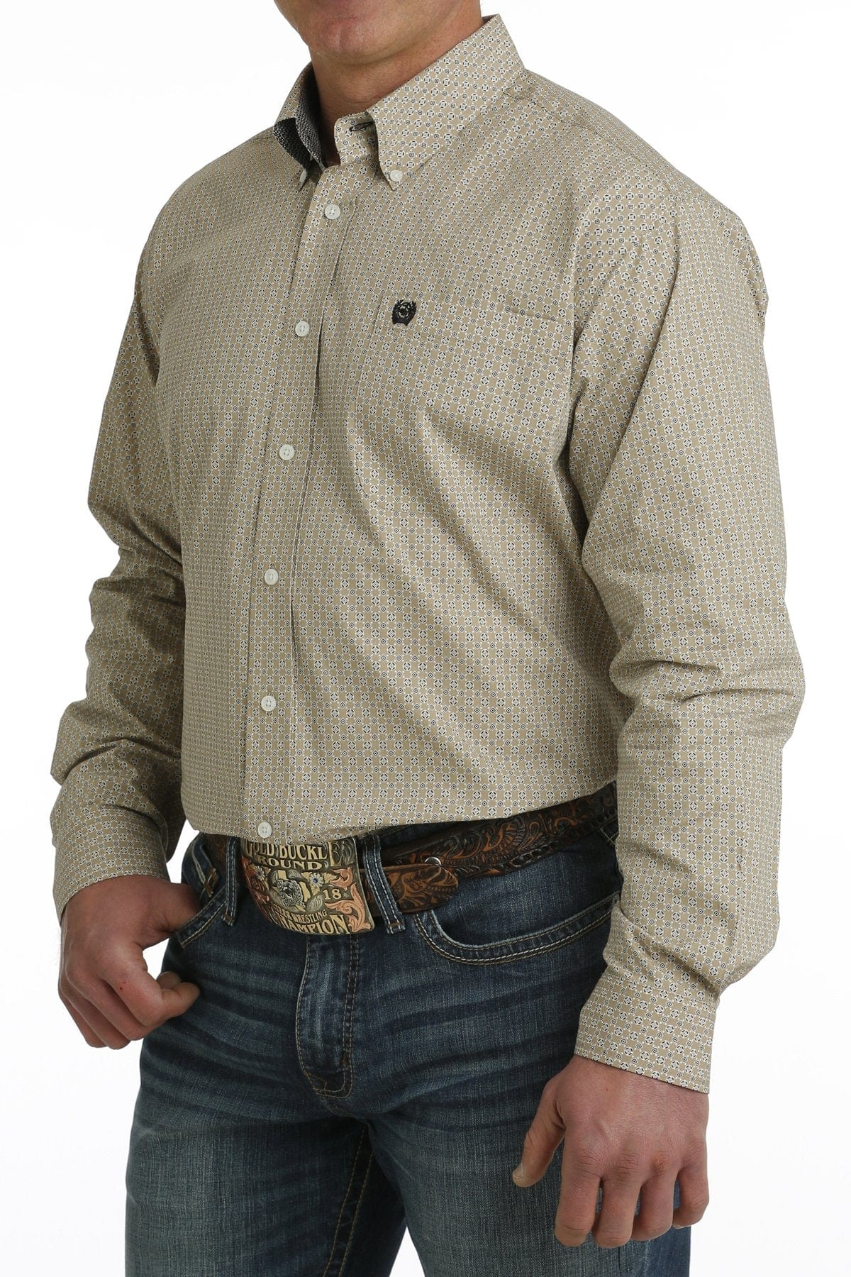 Cinch Men's Khaki Geometric Print Long Sleeve Button Down Western Shirt MTW1105719 - Image 2