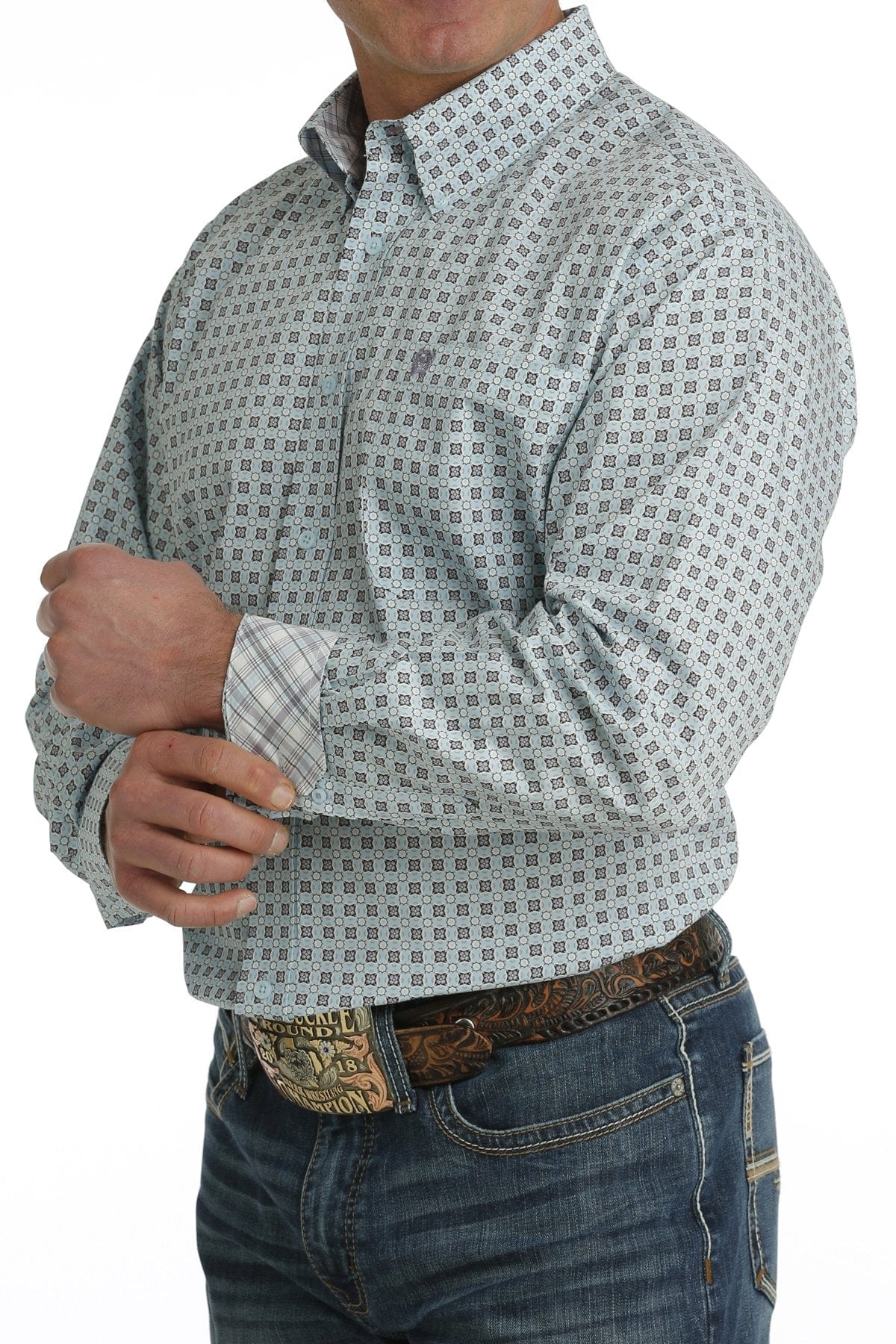 Cinch Men's Light Blue Geometric Print Long Sleeve Button Down Western Shirt MTW1105734 - Image 2