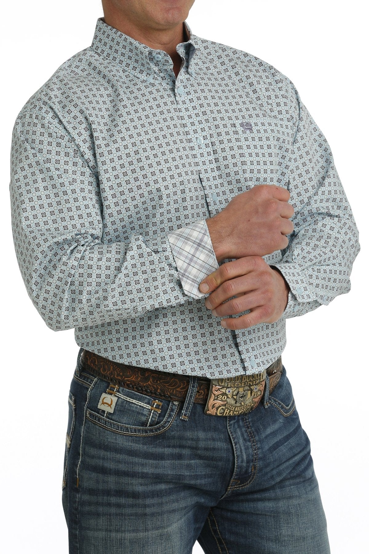 Cinch Men's Light Blue Geometric Print Long Sleeve Button Down Western Shirt MTW1105734 - Image 4