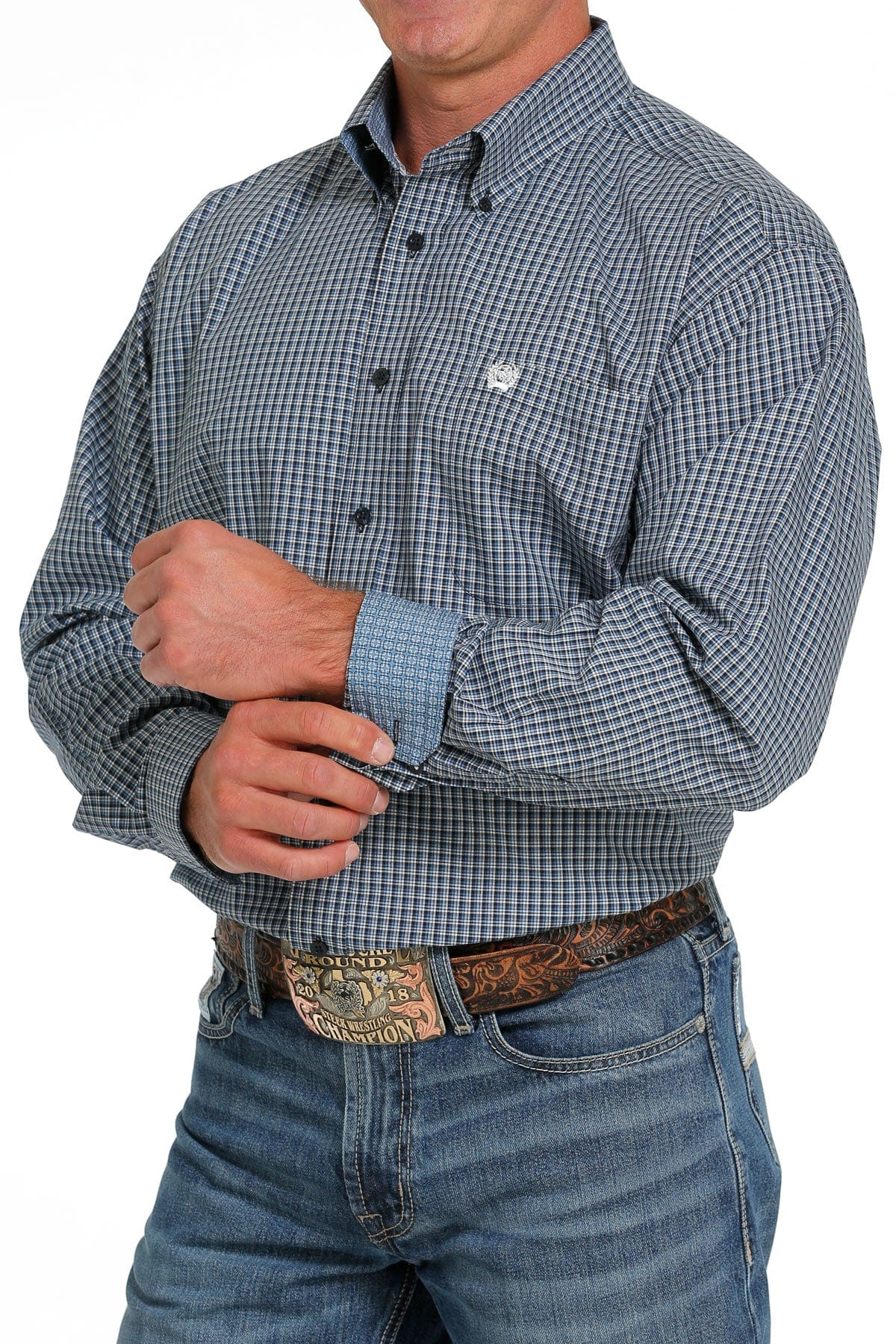 Cinch Men's Navy Blue Plaid Long Sleeve Button Down Western Shirt MTW1105632 - Image 3