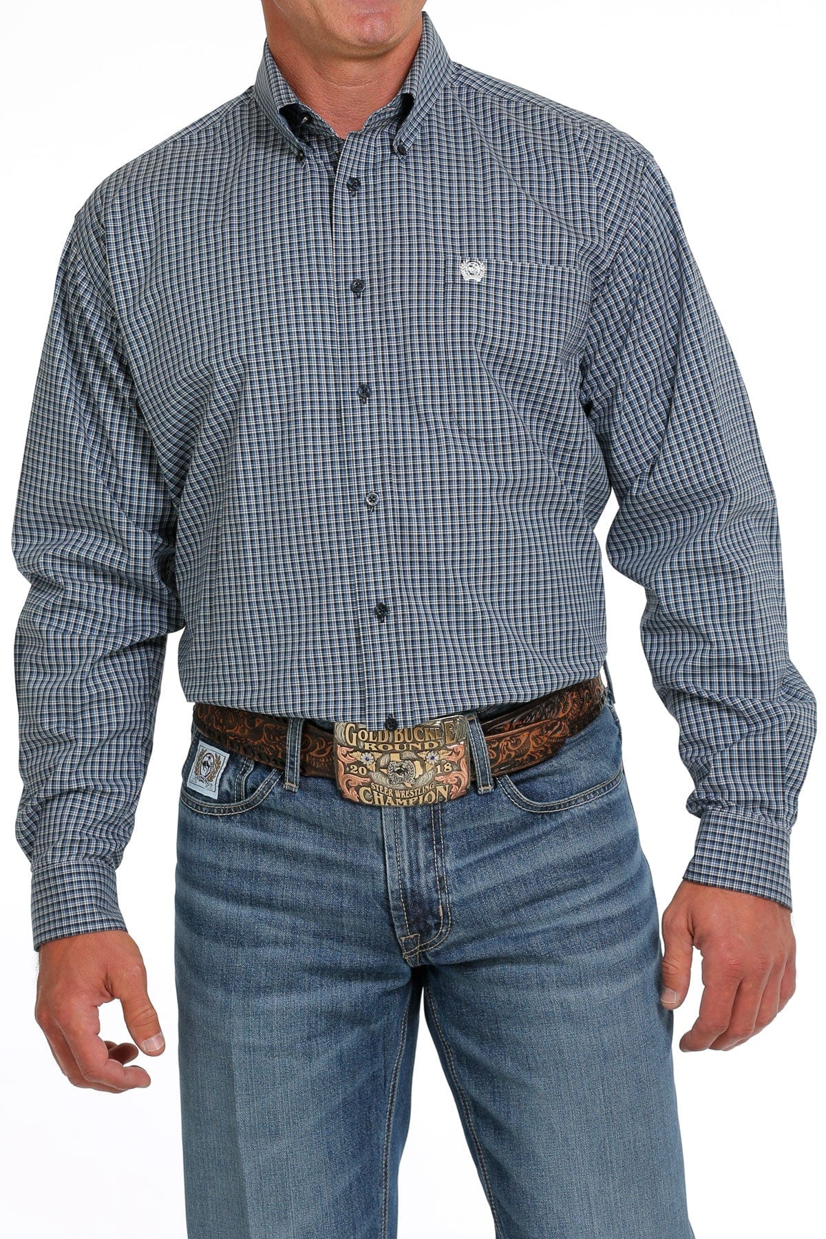 Cinch Men's Navy Blue Plaid Long Sleeve Button Down Western Shirt MTW1105632 - Image 4