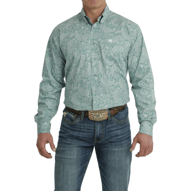 Cinch Men's Turquoise/White Paisley Print Long Sleeve Button Down Western Shirt MTW1105704