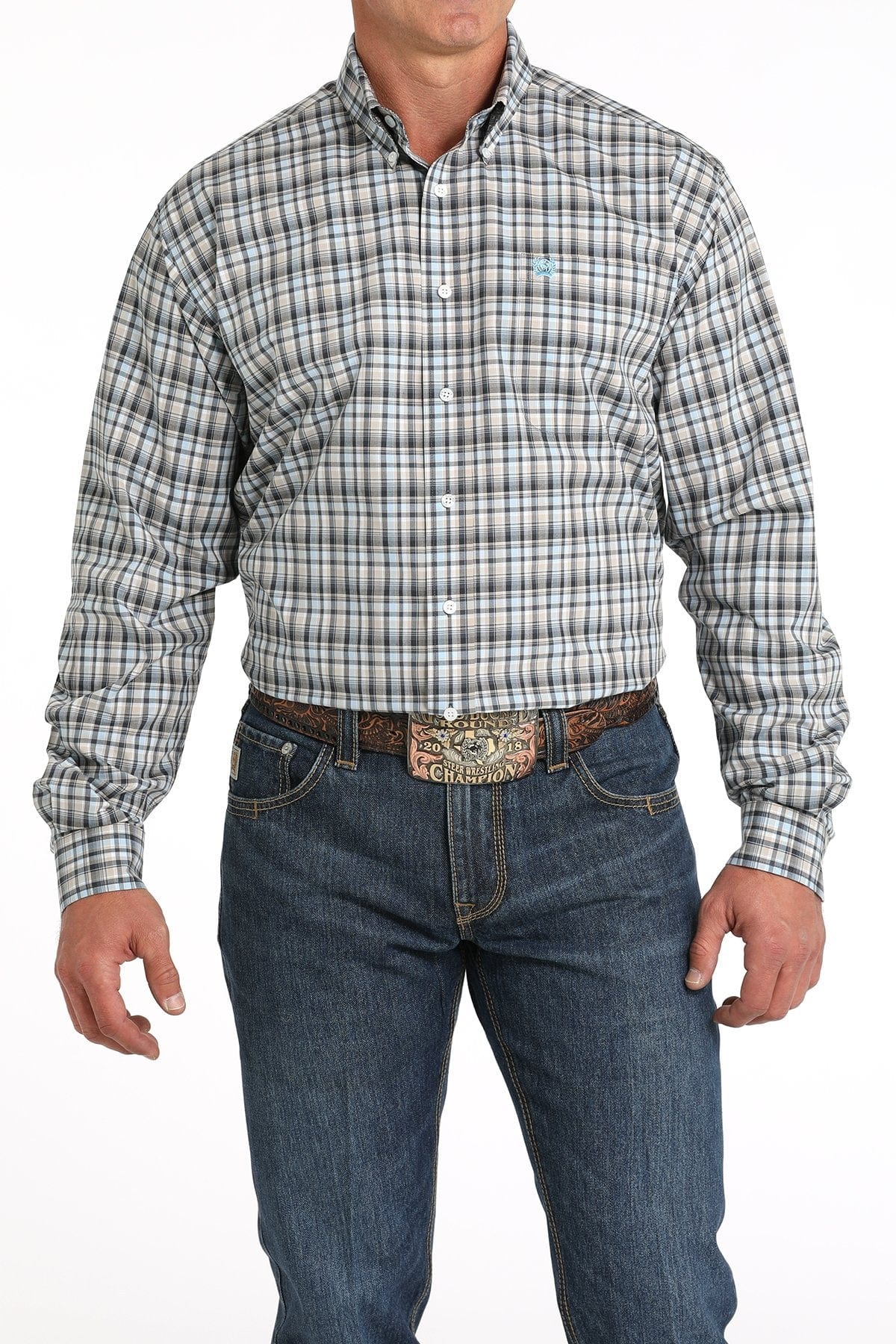 Cinch Men's White and Blue Plaid Button Down Western Shirt MTW1105800