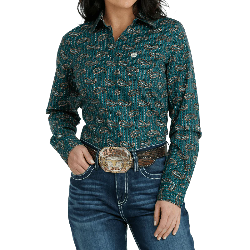 Cinch Women's Teal Print Long Sleeve Button Down Western Shirt MSW9164209
