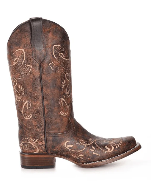 Circle G Women's Distressed Brown/Bone Dragonfly Embroidery Square Toe Cowgirl Boots L5079 - Image 2