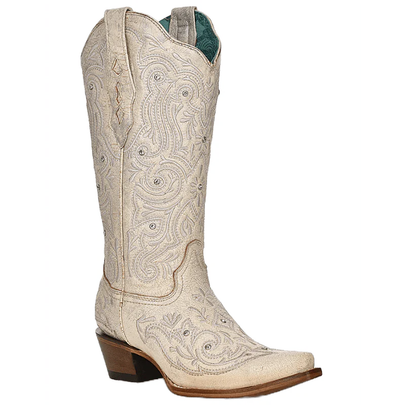 Coral Women's Bone Embroidery & Crystals White Snip Toe Western Boots Z5123