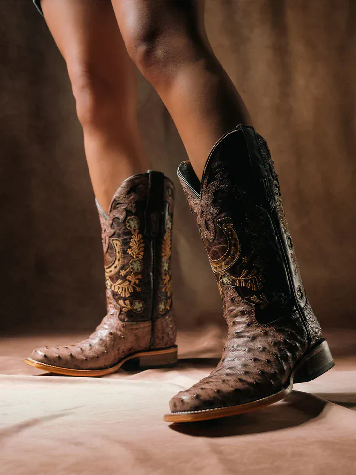 Corral Women's Brown Horseshoe Overlay & Embroidery Ostrich Exotic Boots A4851 - Image 5