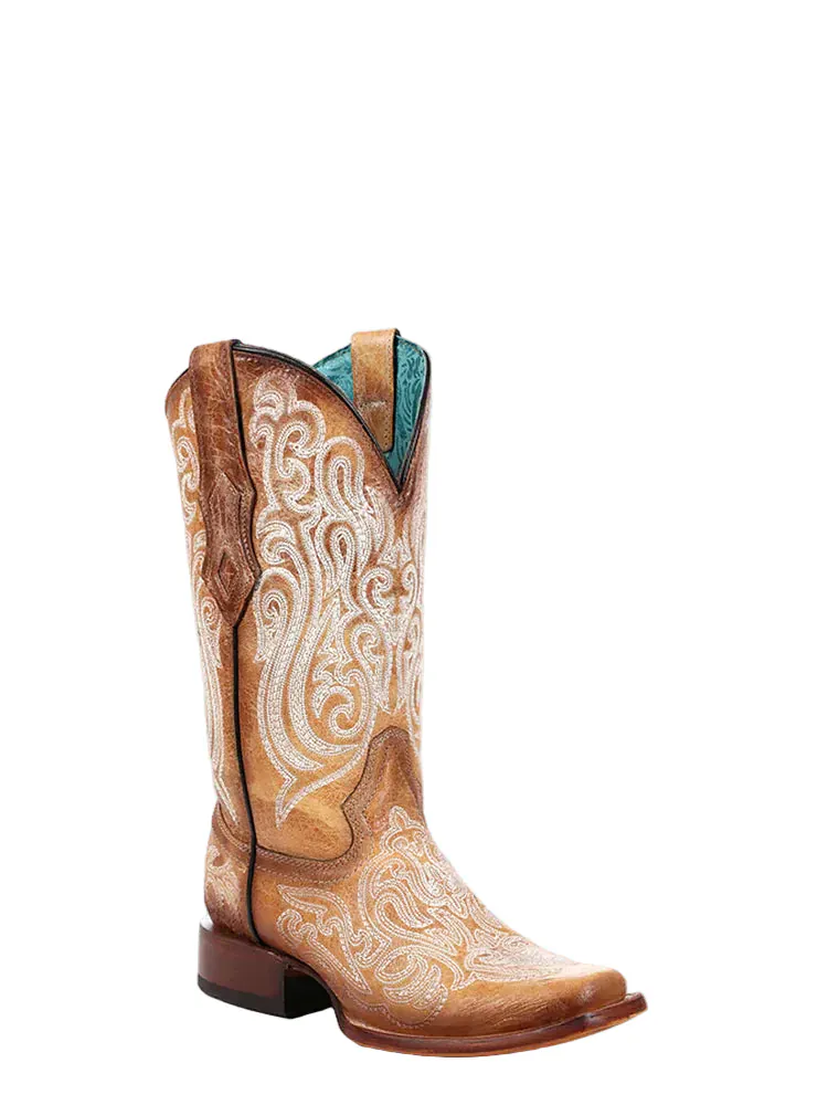 Corral Women's Camel Luminescent Embroidery Straw Western Boots A4580
