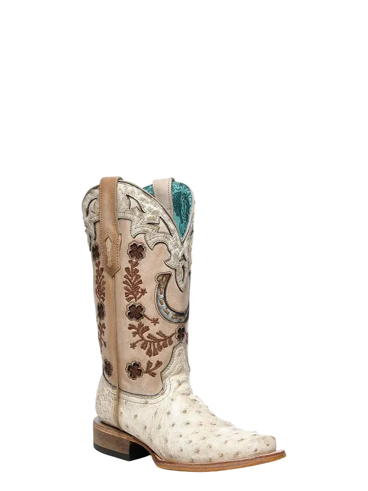 Corral Women's Ivory Floral and Horseshoe Embroidered Ostrich Exotic Boot A4850