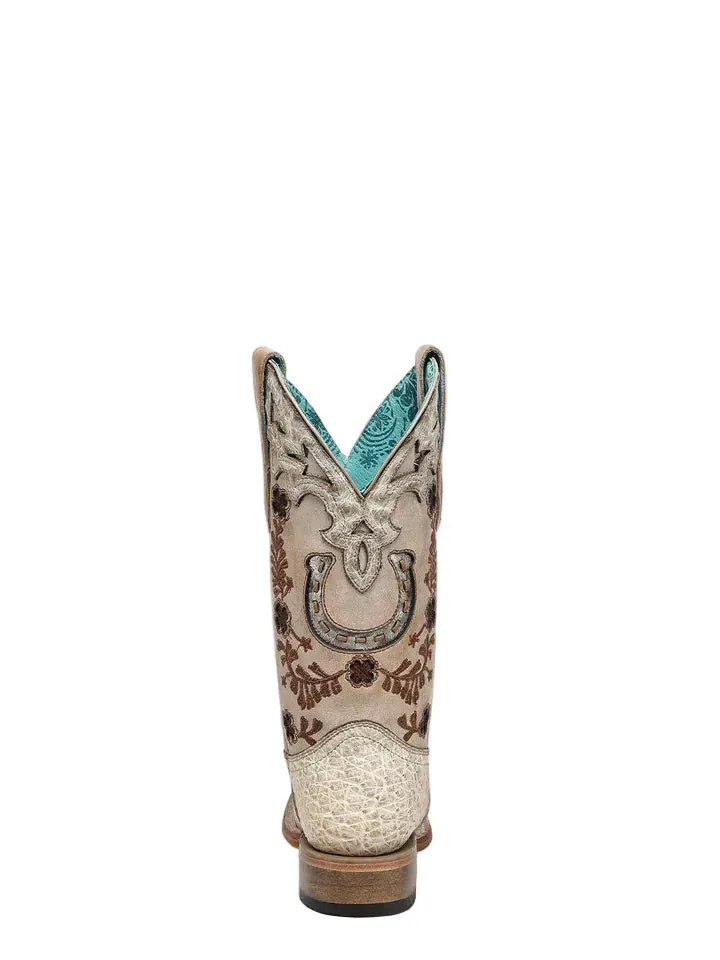 Corral Women's Ivory Floral and Horseshoe Embroidered Ostrich Exotic Boot A4850 - Image 4