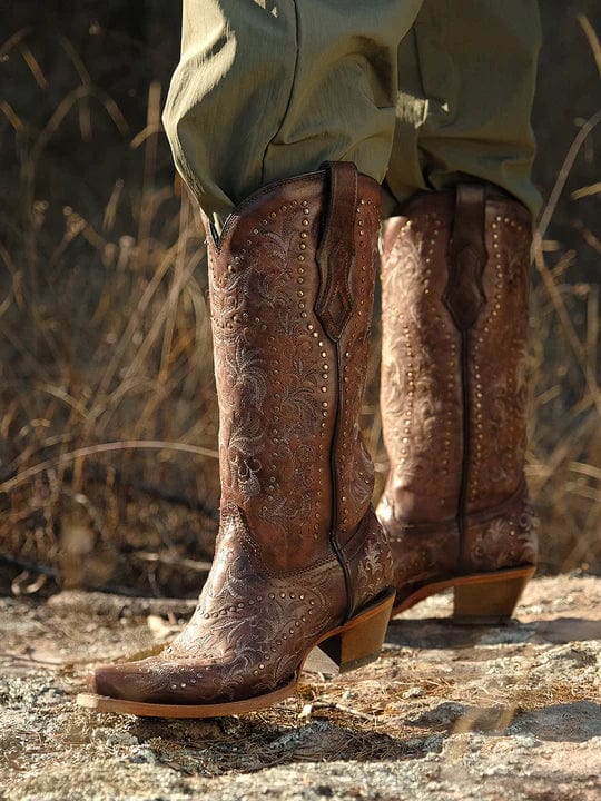 Corral Women's Maple Brown Embroidery & Studs Snip Toe Western Boots C3972 - Image 5