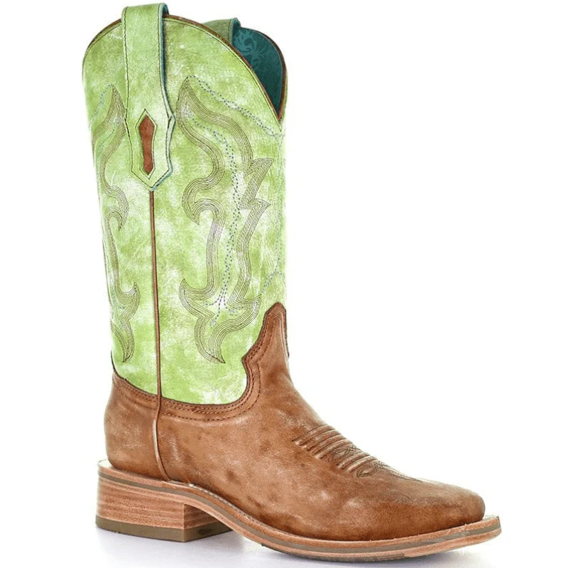 Corral Women's Sand/Green Embroidery Square Toe Cowgirl Boots A4102