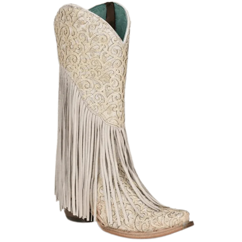 Corral Women's White Lamb Overlay & Embroidery Fringe Western Boots C3955