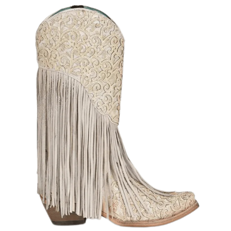 Corral Women's White Lamb Overlay & Embroidery Fringe Western Boots C3955 - Image 2