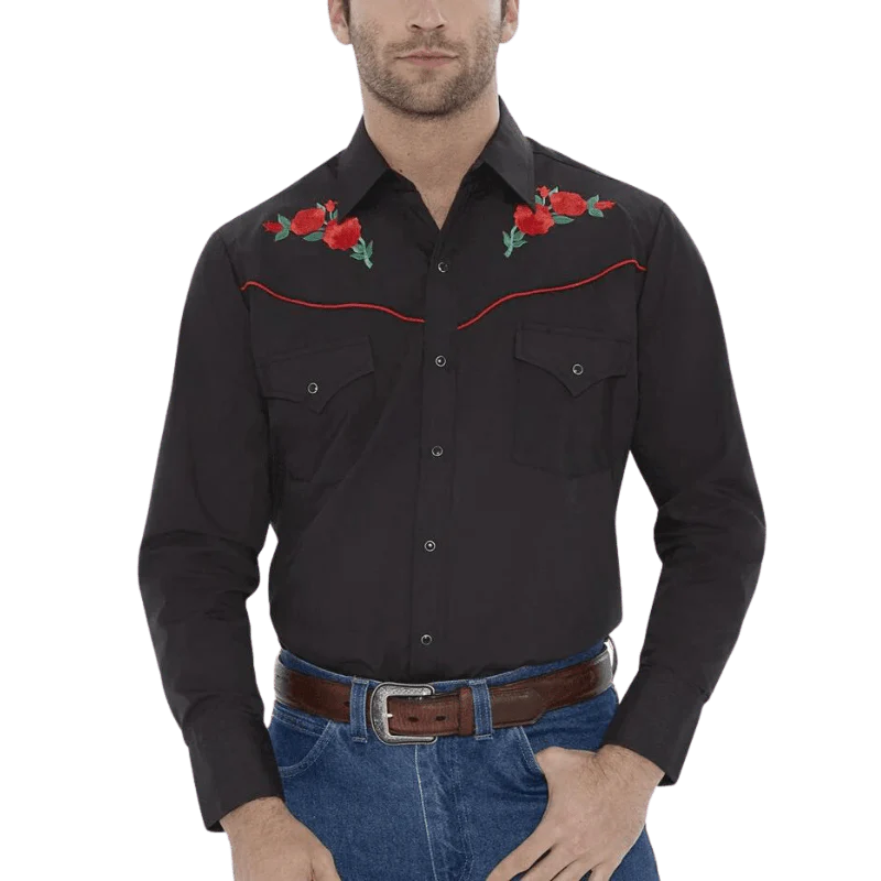 Ely Cattleman Men's Black Embroidered Rose Long Sleeve Western Snap Shirt 15203901-88