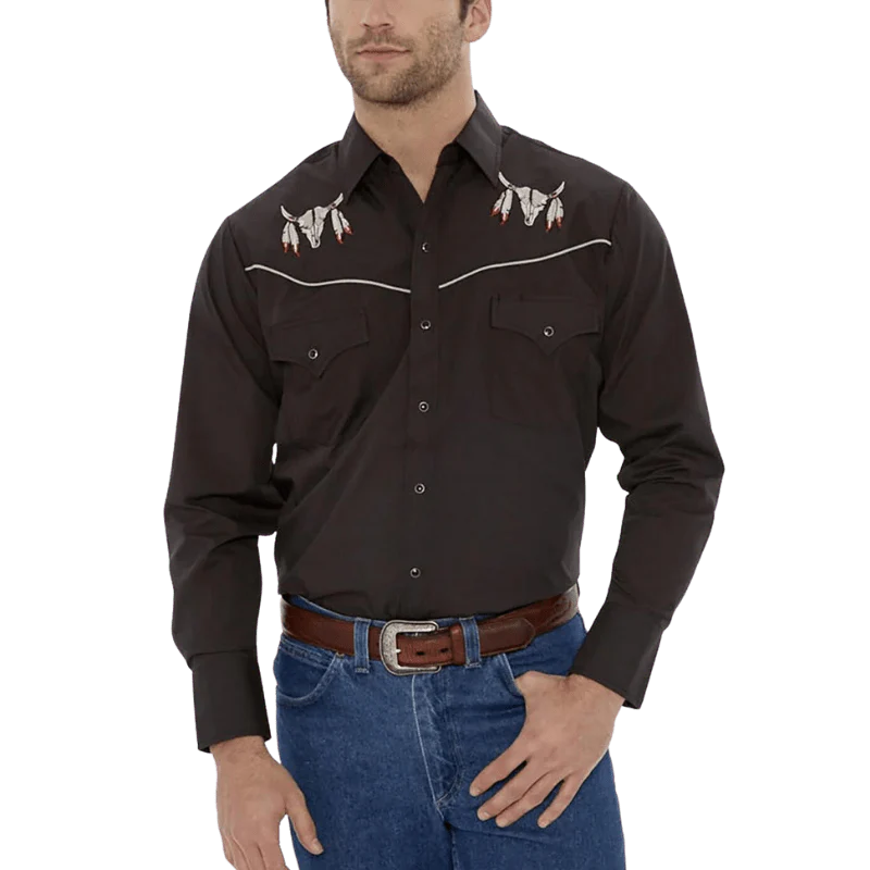 Ely Cattleman Men's Black Embroidered Skull Long Sleeve Western Snap Shirt 15203919-89