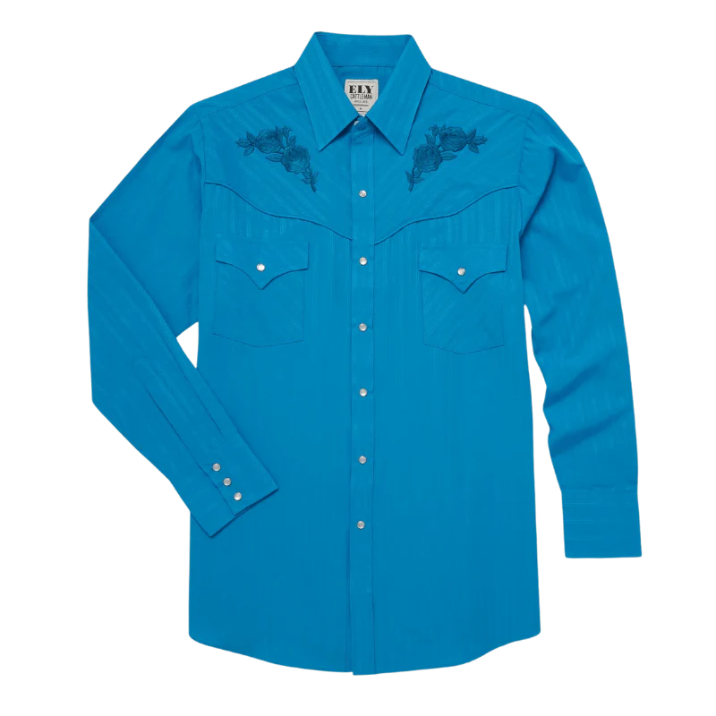 Ely Cattleman Men's Turquoise Rose Embroidery Long Sleeve Western Snap Shirt 2035004-TQ