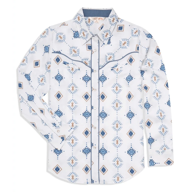 Ely Cattleman Women's White Aztec Print Long Sleeve Western Snap Shirt 324979-WH