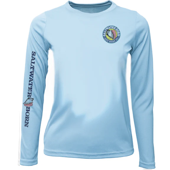 Key West, FL Saltwater Born Circle Logo Girl's Long Sleeve UPF 50+ Dry-Fit Shirt - Image 5