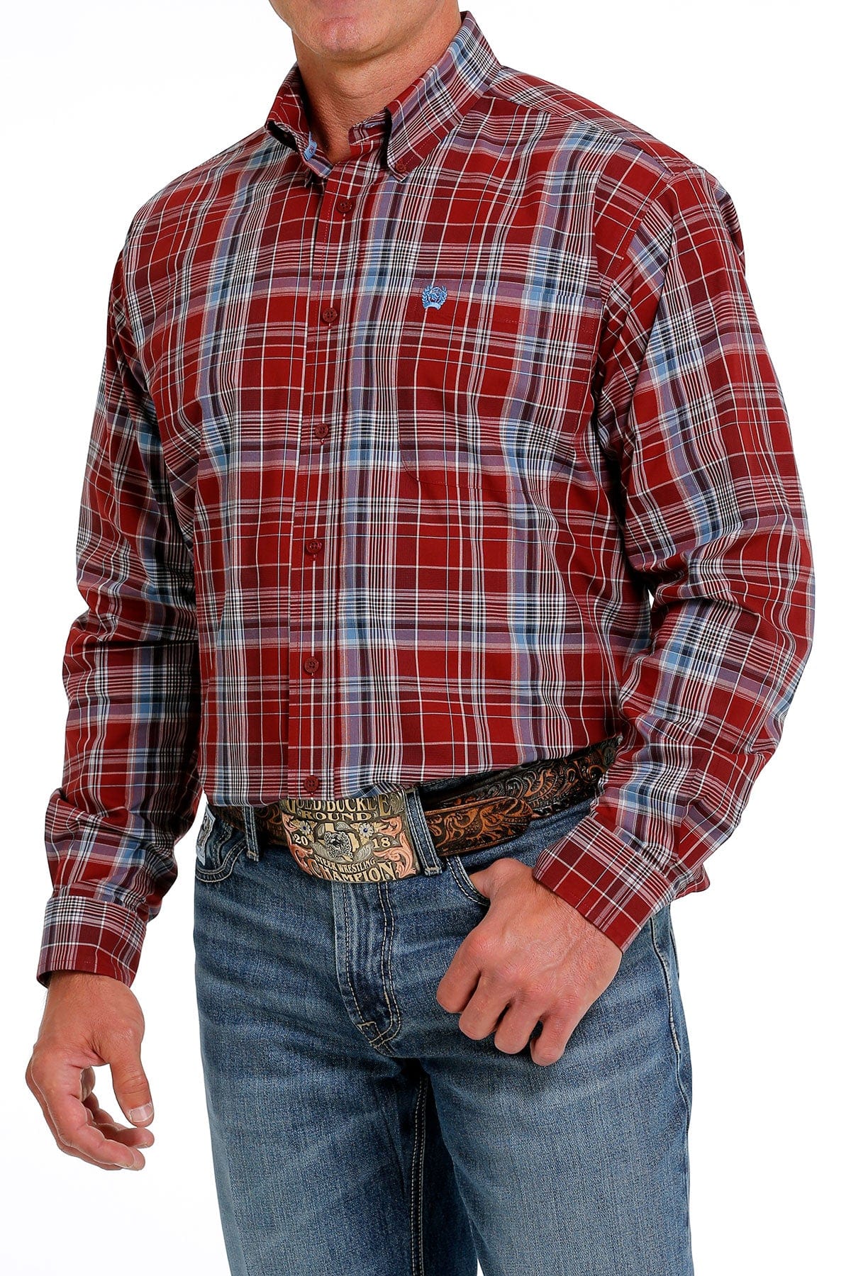 Cinch Men's Red/Blue Plaid Button Up Long Sleeve Western Shirt MTW1105620 - Image 3