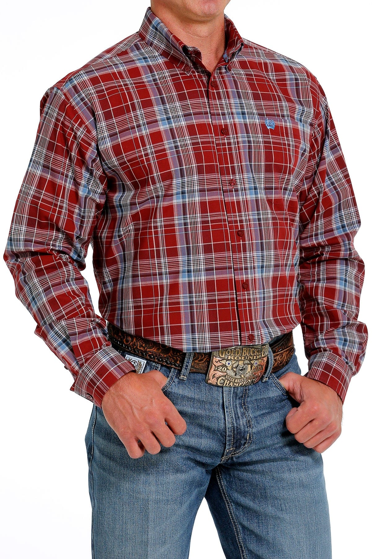 Cinch Men's Red/Blue Plaid Button Up Long Sleeve Western Shirt MTW1105620 - Image 4
