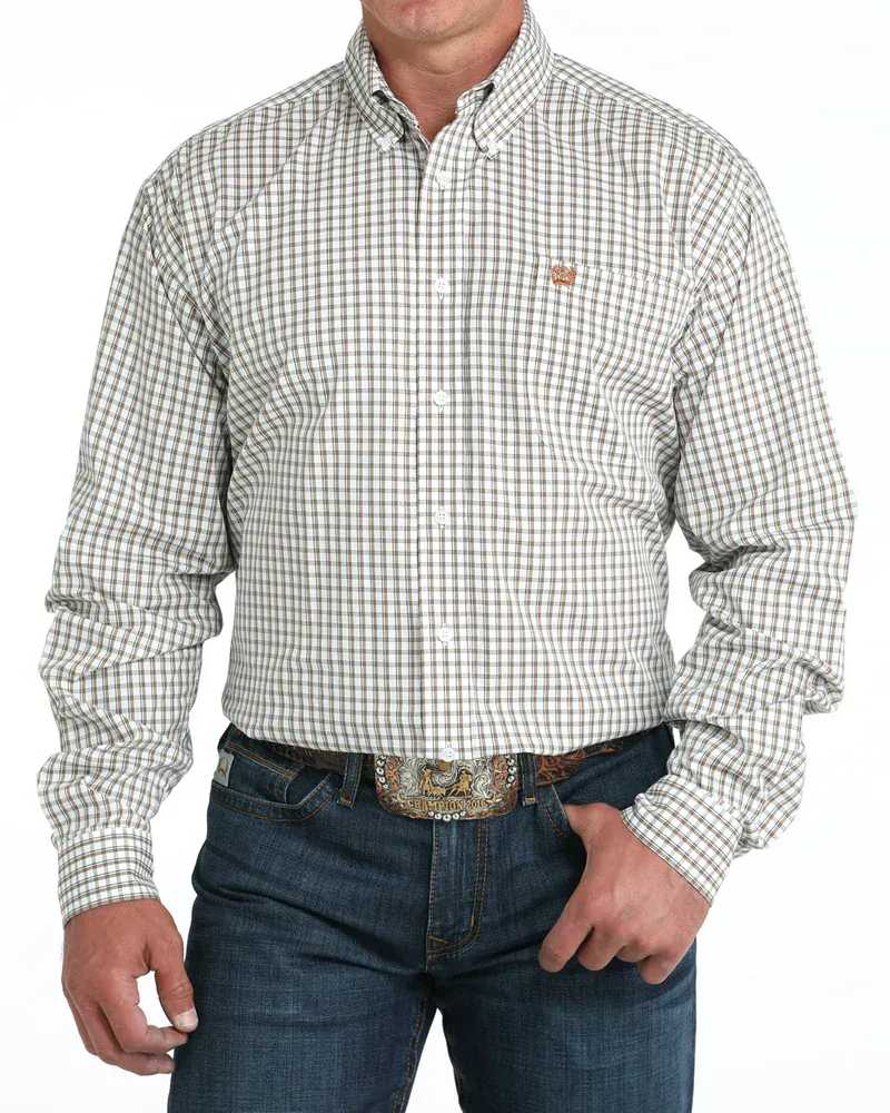 Cinch Men's White & Brown Plaid Button Up Western Shirt MTW1105983