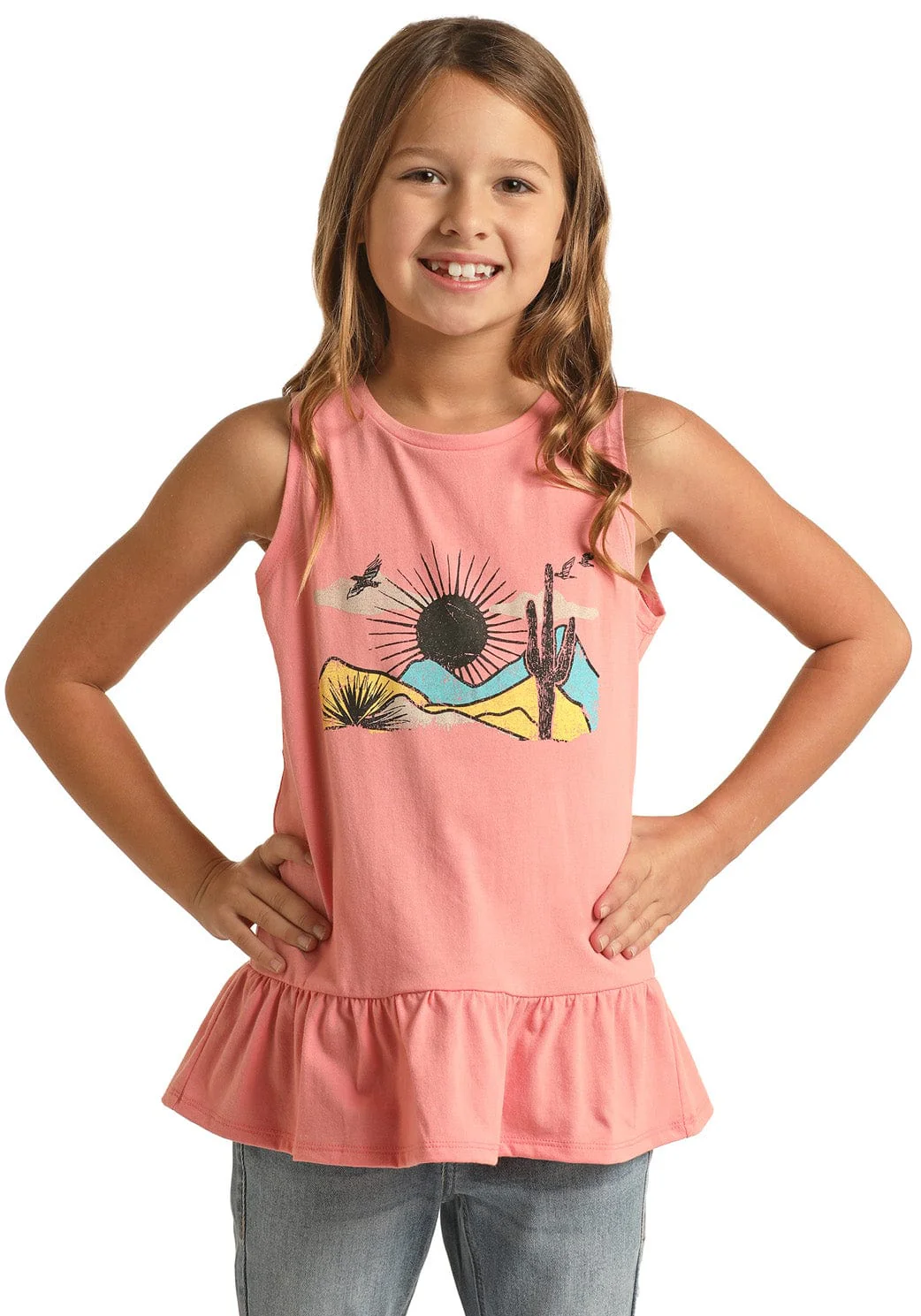 Panhandle Girls Western Scene Pink Sleeveless Shirt RRGT20RZLY