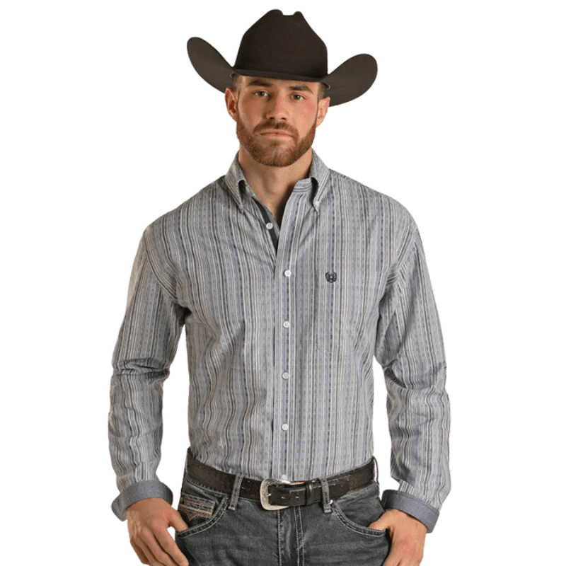 Panhandle Men's Light Navy Stripe Long Sleeve Button Down Western Shirt RMB2S02807