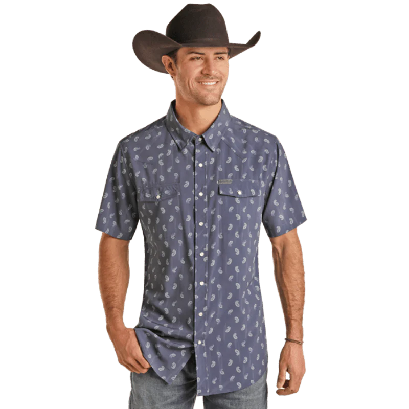 Panhandle Men's Slim Fit Paisley Blue Short Sleeve Western Snap Shirt TMN3S02474