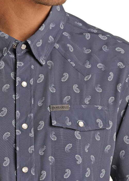 Panhandle Men's Slim Fit Paisley Blue Short Sleeve Western Snap Shirt TMN3S02474 - Image 2
