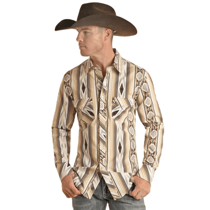 Panhandle Men's Tan Aztec Stripe Long Sleeve Western Snap Shirt BMN2S02523