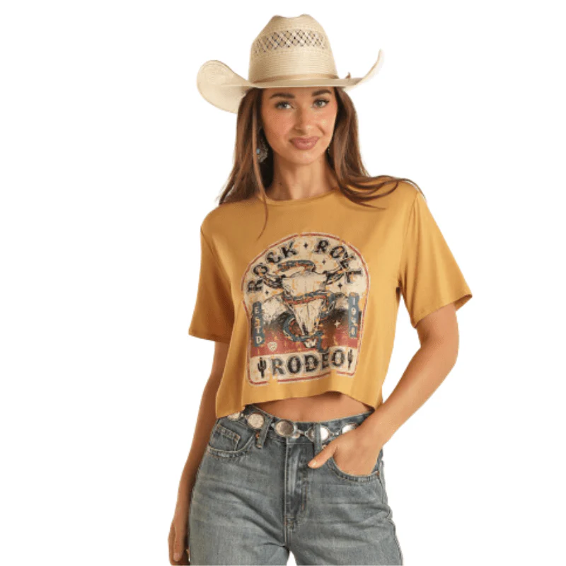 Panhandle Women's Rock & Roll Rodeo Mustard Crop Graphic Tee BW21T03309 - Image 2