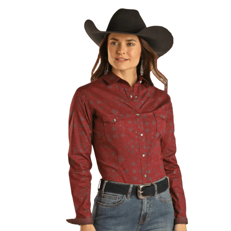 Panhandle Women's Rough Stock Burgundy Long Sleeve Western Snap Shirt RWN2S02826