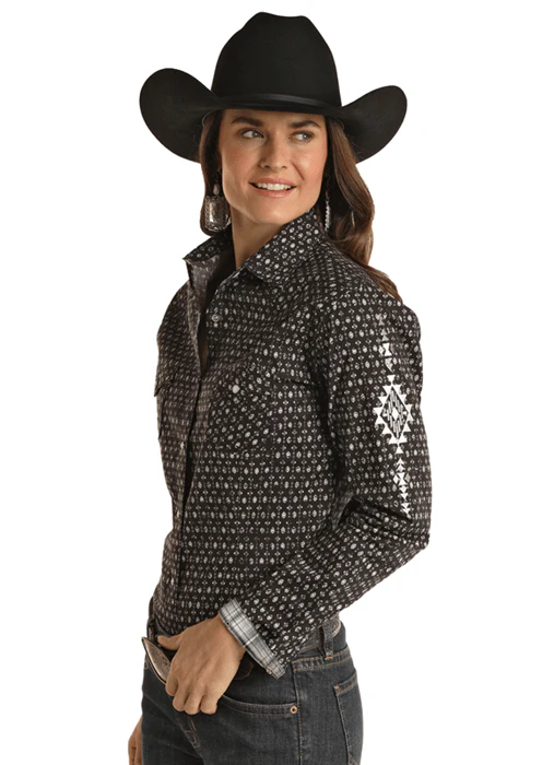 Panhandle Women's Rough Stock Geo Print Long Sleeve Western Snap Shirt RWN2S02220 - Image 2