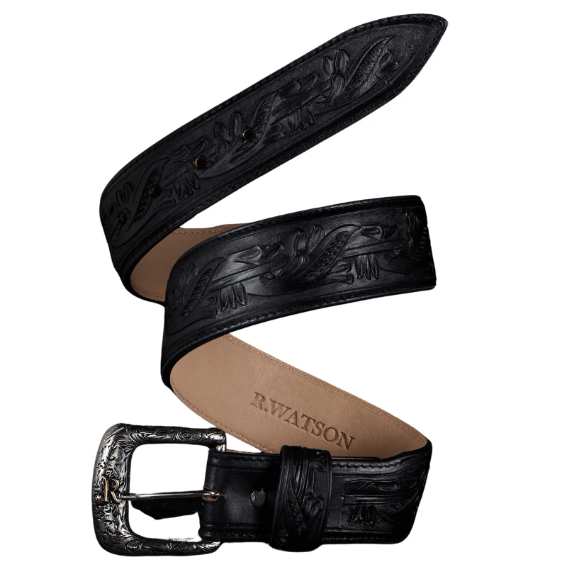 R. Watson Men's Black Hand Tooled Belt RWB2373