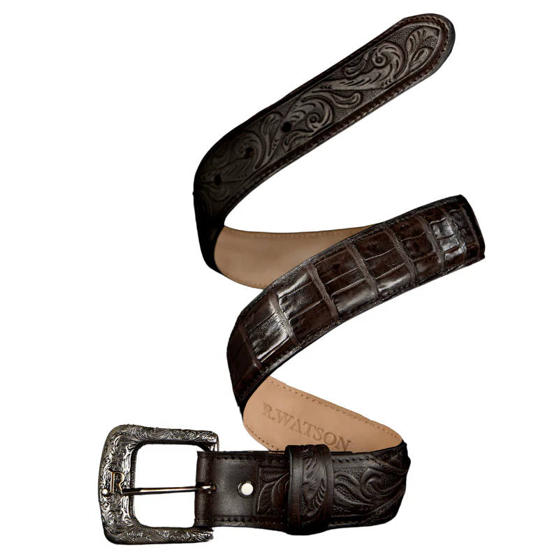 R. Watson Men's Chocolate Caiman Belly Tail Glazed Belt RWB2307